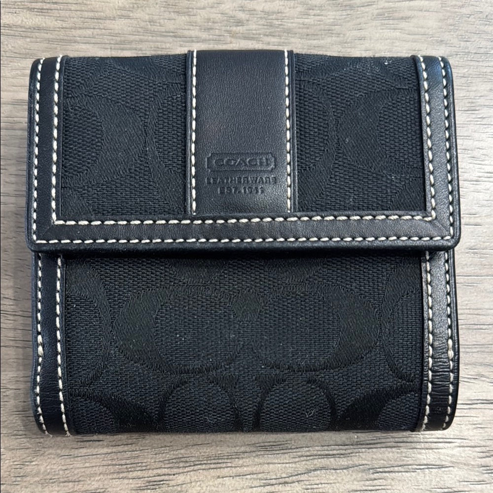 Coach Signature C Black Folded Wallet with White Stitching